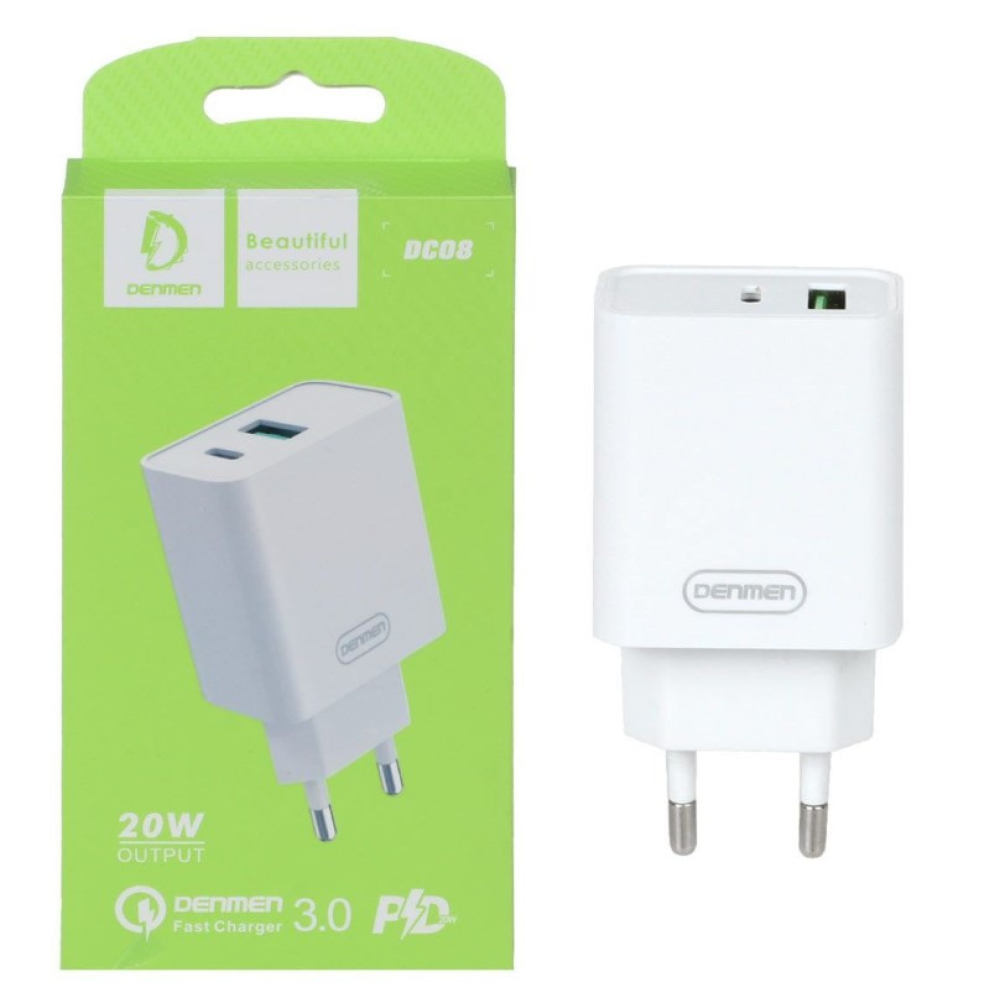 Мережевий зарядний пристрій Denmen DC08 QC3.0   QC3.0 (Type-C + USB)  5V-3A; 9V-2,2A ;  12V - 1,67A