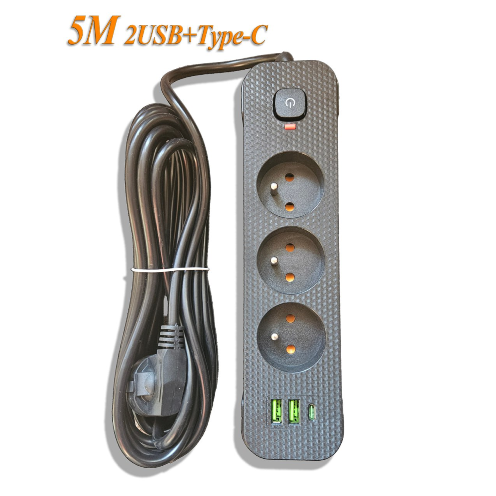 Сетевой фильтр-удлинитель 5м Power Strip 3 розетки 2xUSB-A 1xUSB-C с заземлением