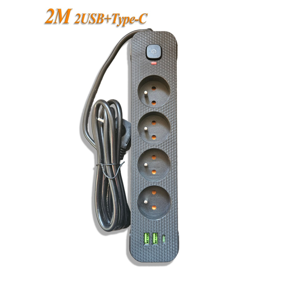 Мережевий фільтр-подовжувач 2м Power Strip 4 розетки 2xUSB-A 1xUSB-C із заземленням