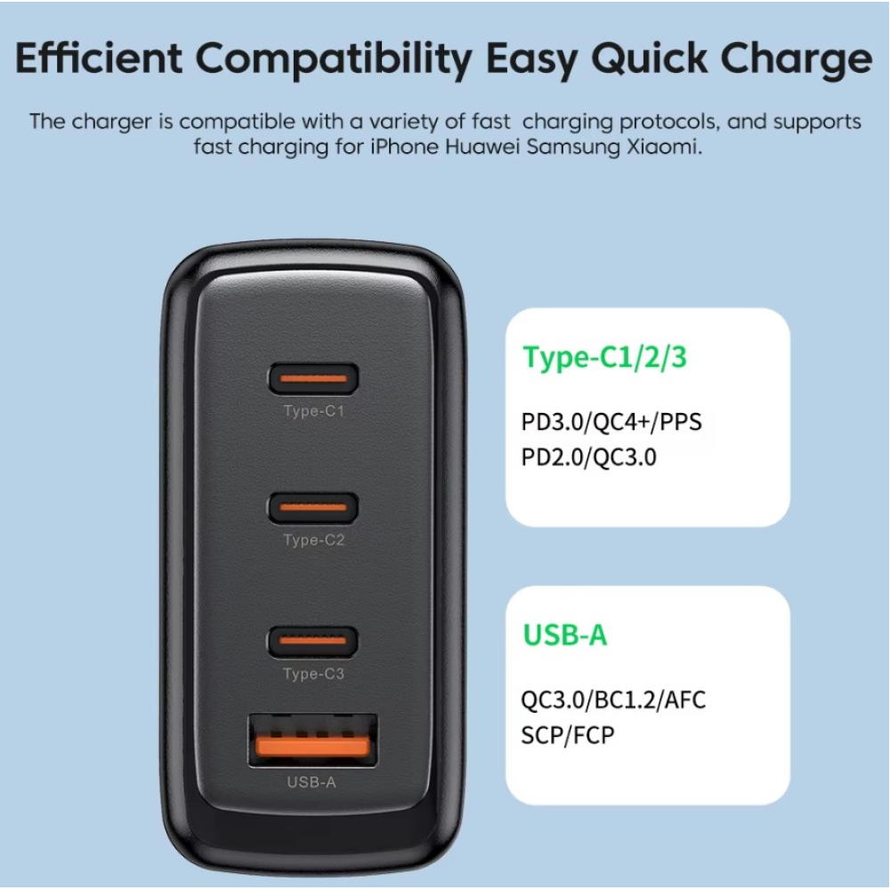 Мережевий зарядний пристрій 120W Toocki GAN (3xType-C + USB-A)