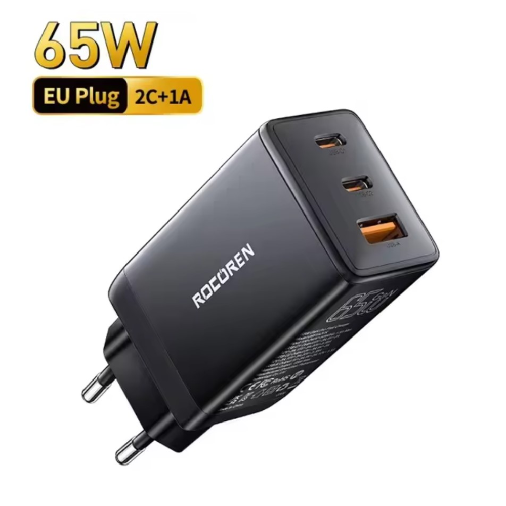Мережевий зарядний пристрій 65W GAN Rocoren (2xType-C + USB-A)