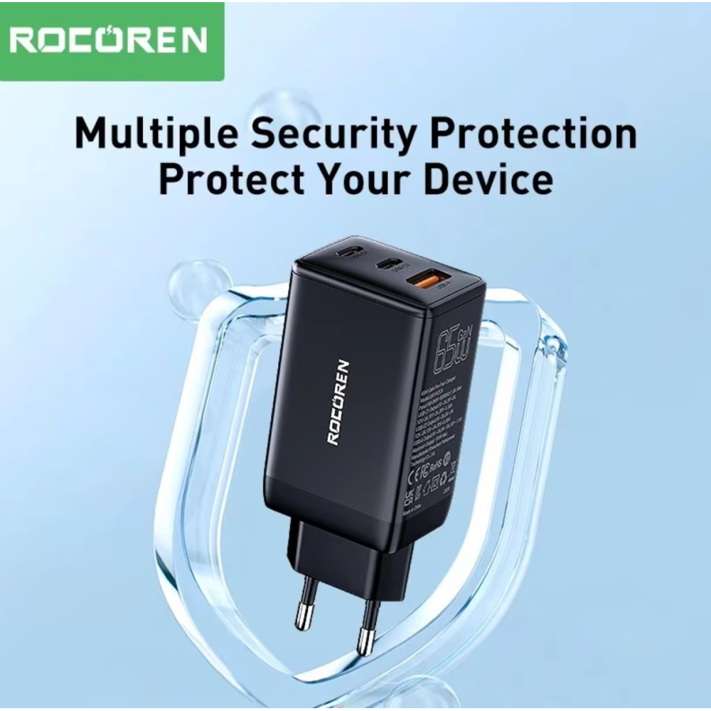 Мережевий зарядний пристрій 65W GAN Rocoren (2xType-C + USB-A)