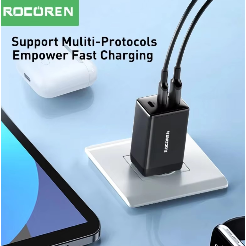 Мережевий зарядний пристрій 65W GAN Rocoren (2xType-C + USB-A)