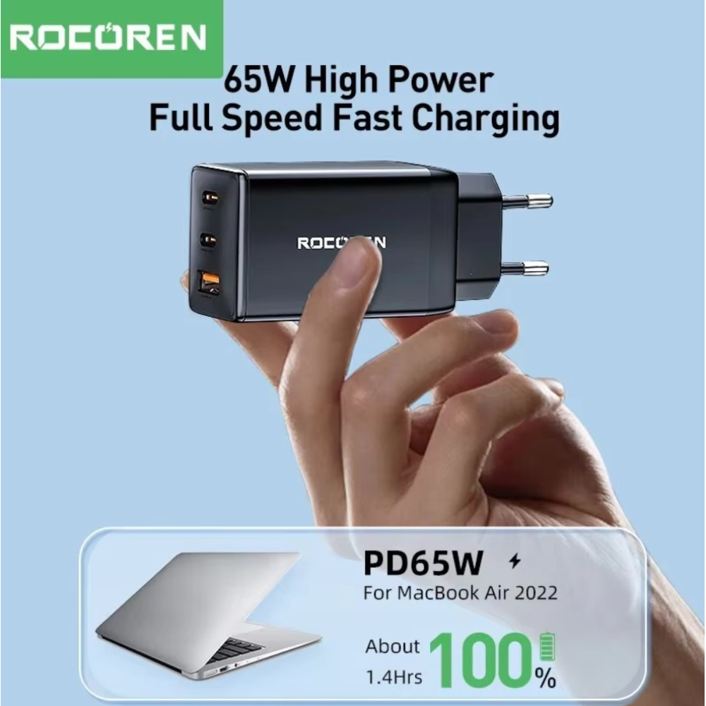 Мережевий зарядний пристрій 65W GAN Rocoren (2xType-C + USB-A)
