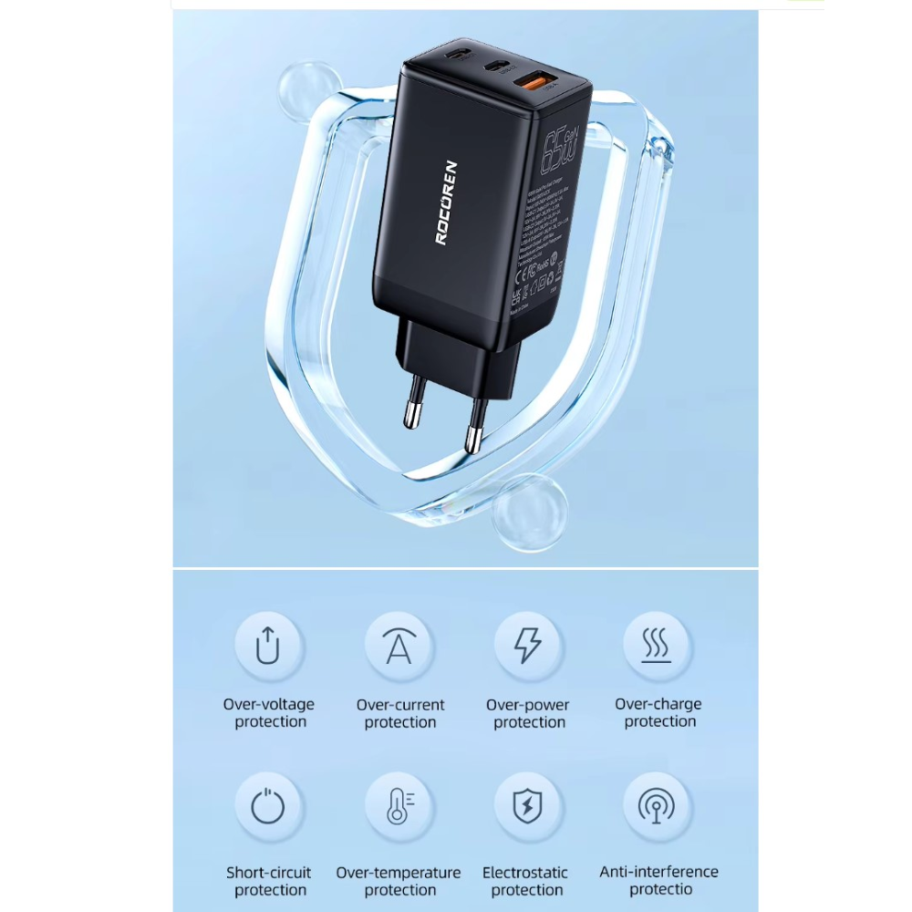 Мережевий зарядний пристрій 65W GAN Rocoren (2xType-C + USB-A)