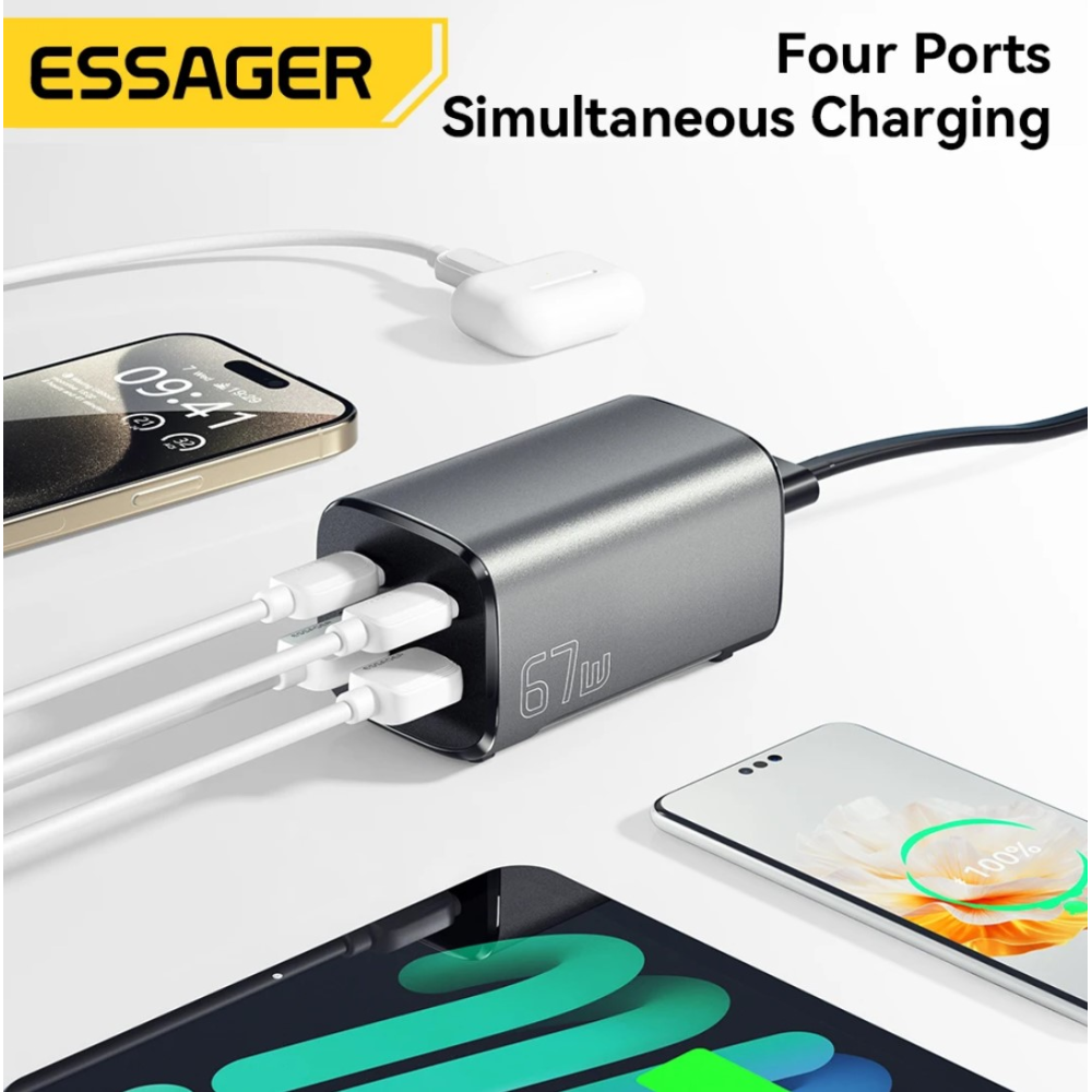 Мережевий зарядний пристрій Essager 67W GAN (2xType-C + 2xUSB-A)  ES-CD35 Black
