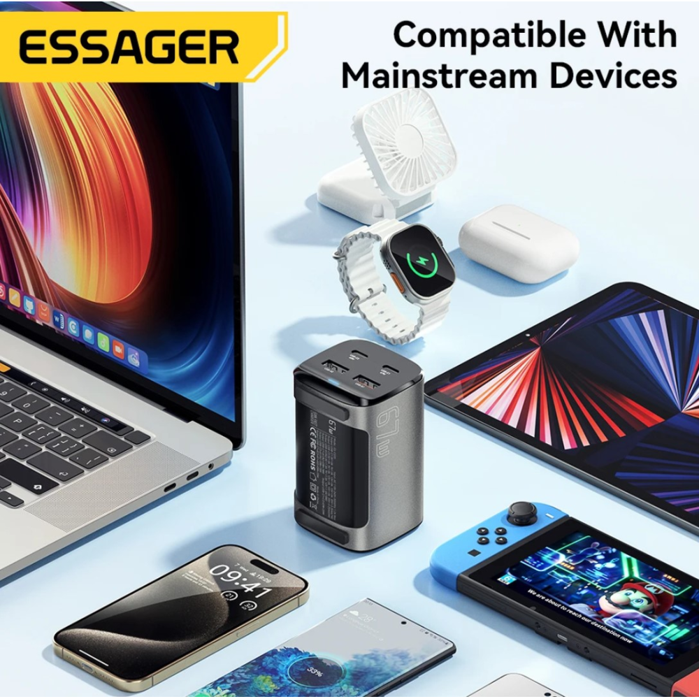 Мережевий зарядний пристрій Essager 67W GAN (2xType-C + 2xUSB-A)  ES-CD35 Black