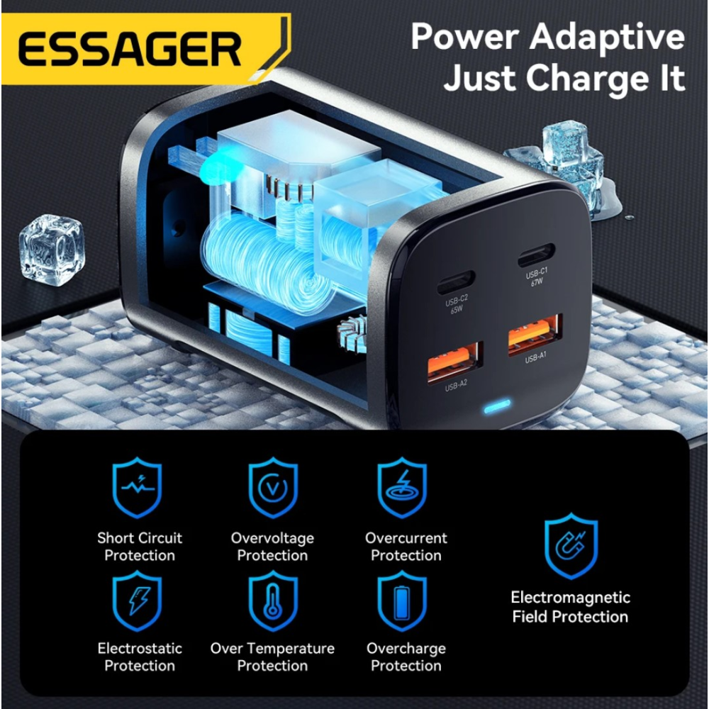 Мережевий зарядний пристрій Essager 67W GAN (2xType-C + 2xUSB-A)  ES-CD35 Black