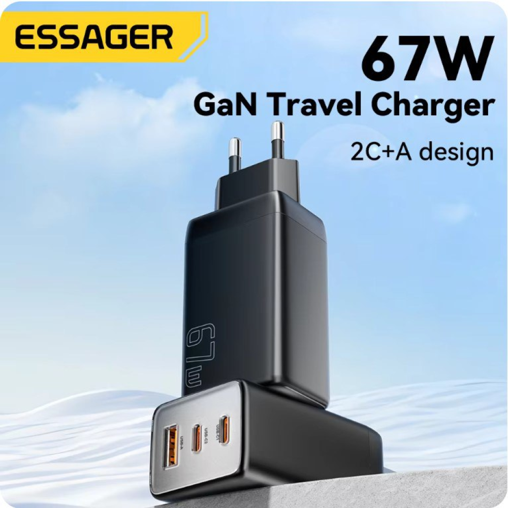 Мережевий зарядний пристрій Essager 67W GAN (2xType-C + USB-A)  PD3.0 QC4.0