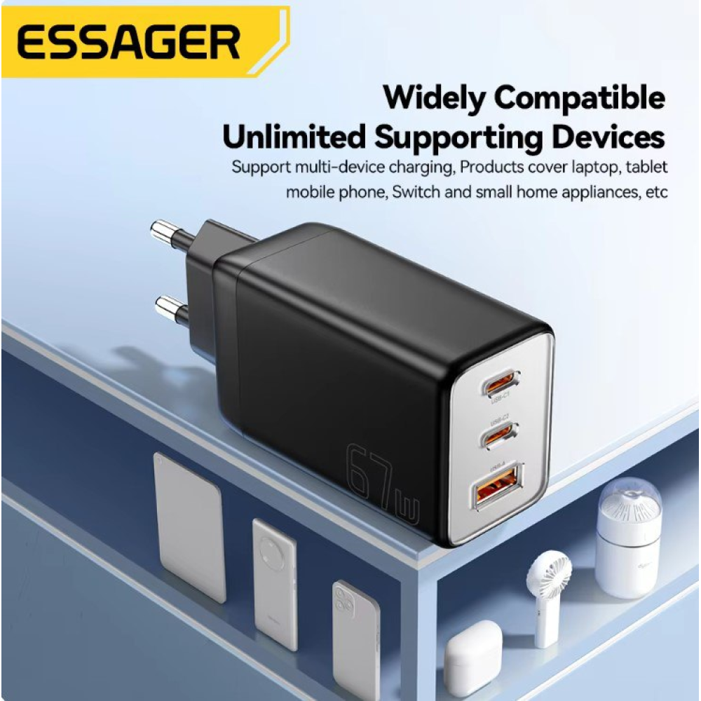 Мережевий зарядний пристрій Essager 67W GAN (2xType-C + USB-A)  PD3.0 QC4.0