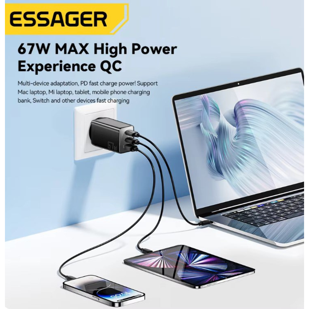 Мережевий зарядний пристрій Essager 67W GAN (2xType-C + USB-A)  PD3.0 QC4.0