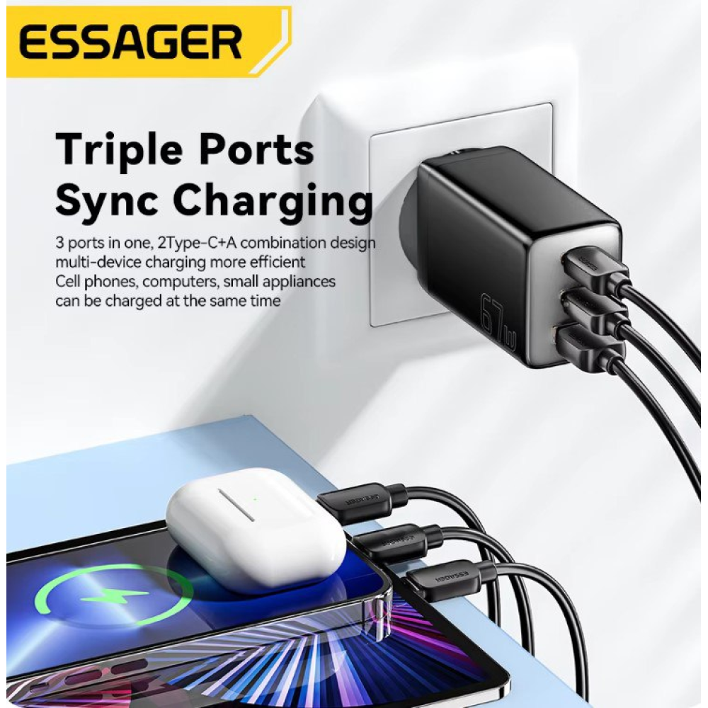 Мережевий зарядний пристрій Essager 67W GAN (2xType-C + USB-A)  PD3.0 QC4.0