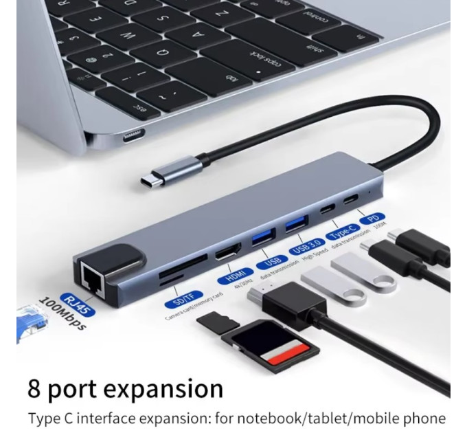 USB 3.0 хаб + кардрідер + конвертер HDMI 4K, LAN 8 у 1 SmartGo