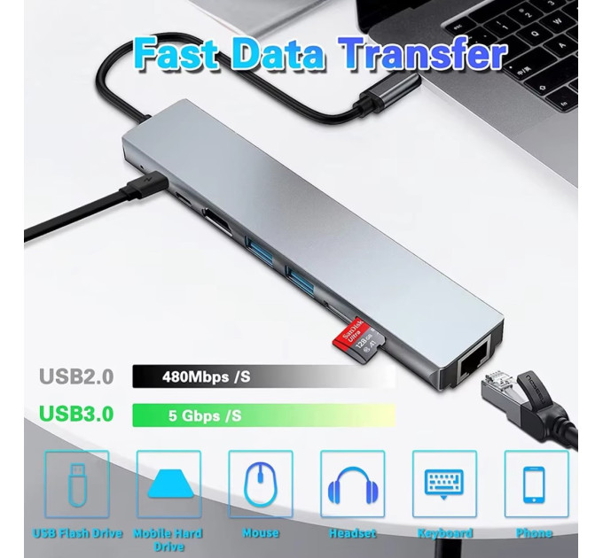 USB 3.0 хаб + кардрідер + конвертер HDMI 4K, LAN 8 у 1 SmartGo